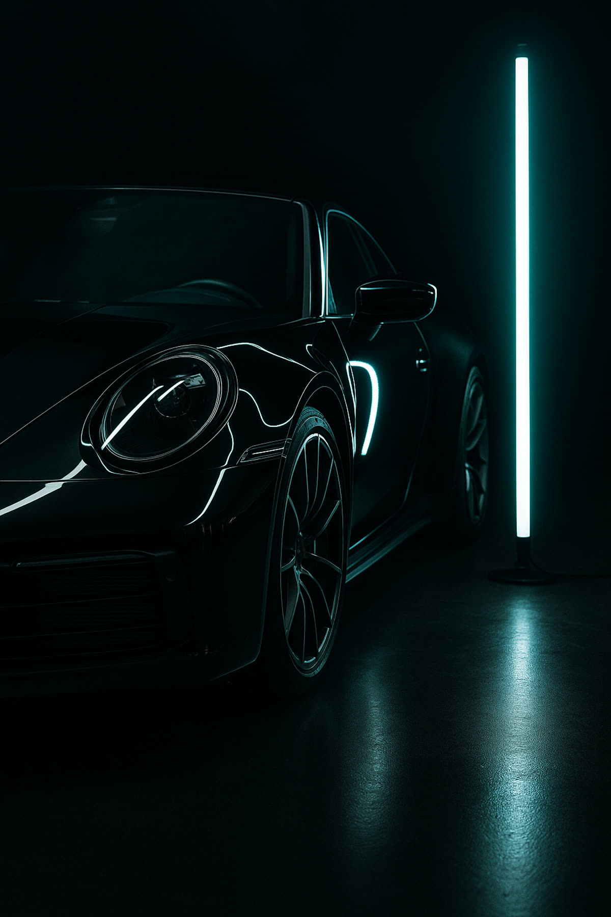 Ceramic-coated black sports car under hex LED lighting
